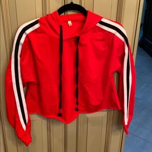 Red crop top hoodie with black/white stripe